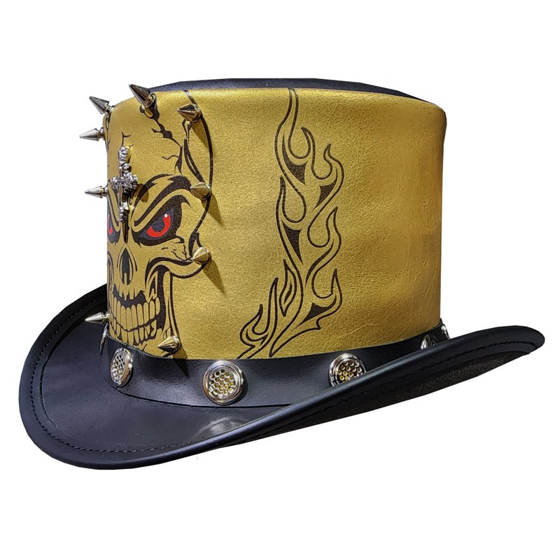 Gothic Red Eye Skull Mens Black Leather Top Hat Gold Edition - หมวก - หนังแท้ สีดำ