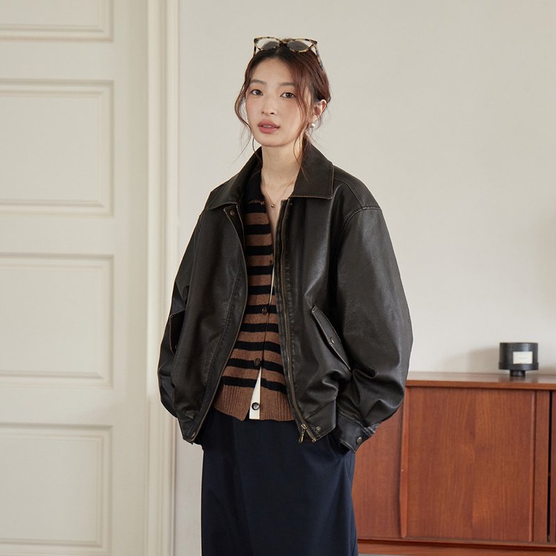 復古皮衣夾克|外套|秋款|Sora-1621 - 女大衣/外套 - 人造皮革 