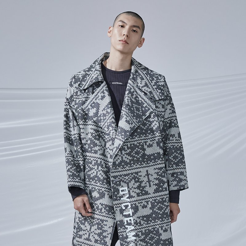 DYCTEAM - Woven Pattern Jacquard Trend Coat Snowflake Large Lapel Coat - เสื้อโค้ทผู้ชาย - ผ้าฝ้าย/ผ้าลินิน สีน้ำเงิน