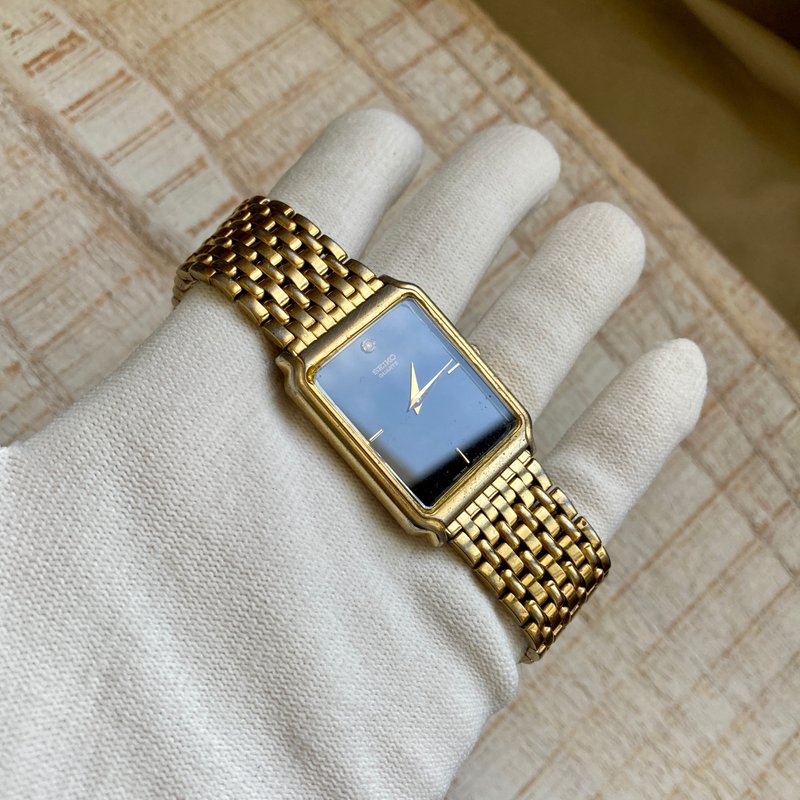 セイコー シンプル ブラック スクエア 文字盤 ラインストーン アワーマーカーステンレスベルト アンティーク 時計 ヴィンテージ - 男女兼用（ユニセックス）腕時計 - 金属 ゴールド