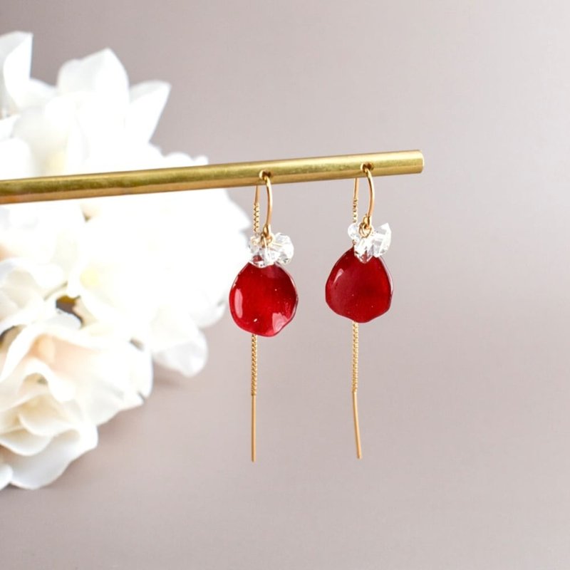 真玫瑰 × 赫基蒙鑽耳環 - 耳環/耳夾 - 其他材質 紅色