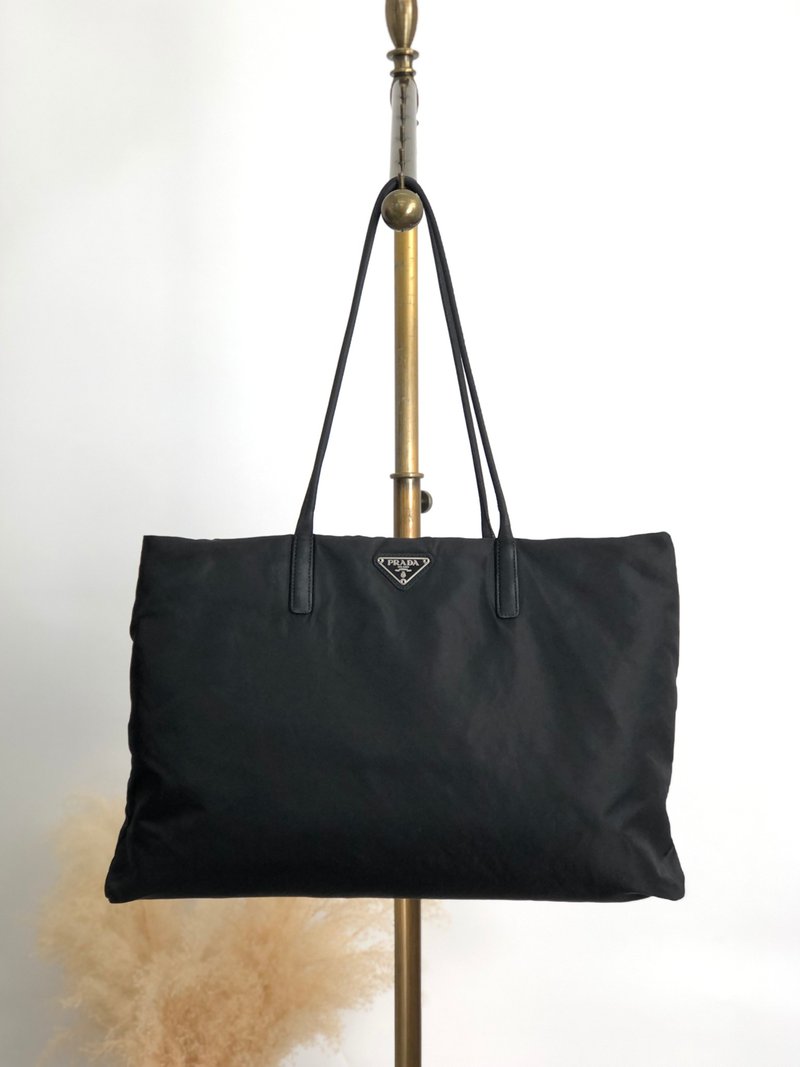 【 日本直送　名牌中古包 】PRADA プラダ トートバッグ ブラック トライアングルロゴ ナイロン vintage ヴィンテージ オールド a5e385 - 手提包/手提袋 - 尼龍 黑色
