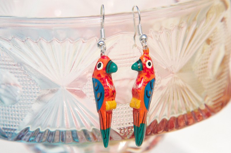 Valentine's Day gift hand-painted wooden earrings limited edition / wooden earrings / Animal earrings - orange parrot rainforest (Ear / ear clip) - Earrings & Clip-ons - Wood Multicolor