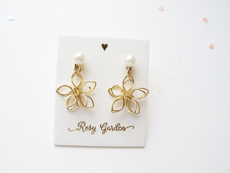 Rosy Garden 五瓣花朵簡約線條垂吊耳環 可換耳夾式 - 耳環/耳夾 - 其他金屬 金色
