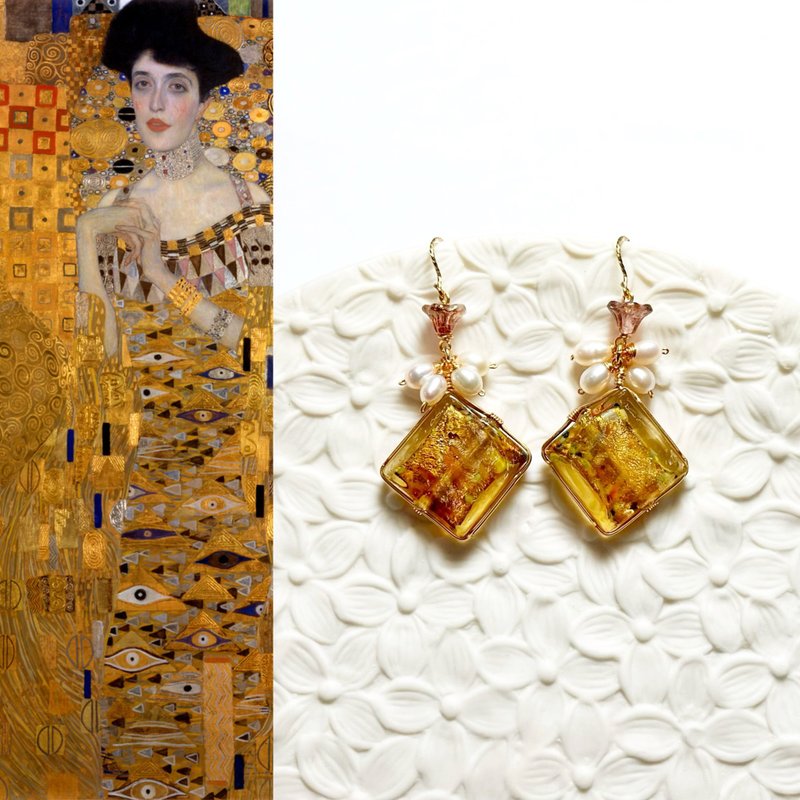 [Artist] [Art Nouveau] Portrait of Adele. Natural pearls/gold foil/glazed/earrings - ต่างหู - กระจกลาย สีทอง