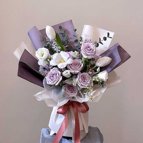 創朔花藝設計空間 【鮮花】紫白色玫瑰鬱金香自然風鮮花花束
