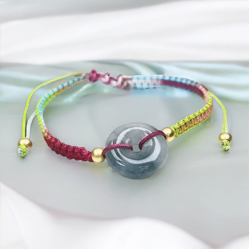 [May ‧Peace] Ice type floating black chicken jade peace buckle woven bracelet | Natural Burmese jade A grade jade - Bracelets - Jade Multicolor