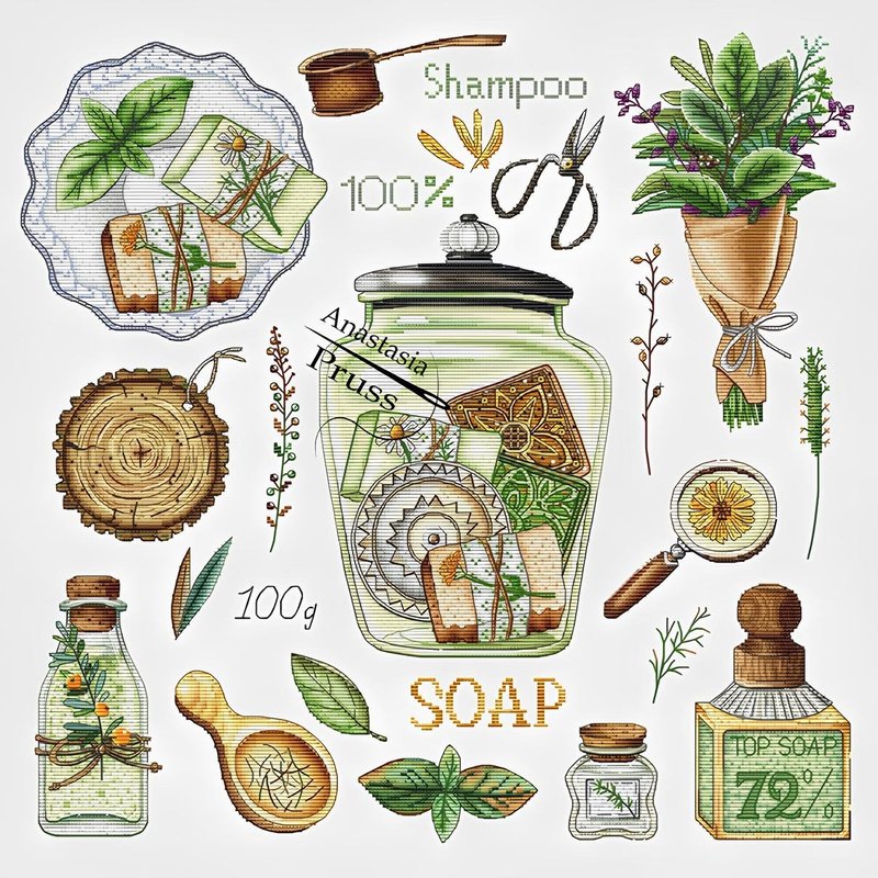 Green soap cross-stitch PDF Pattern ; bath wall decor ; nature soap Embroidery - 手工藝教學/工具書 - 其他材質 