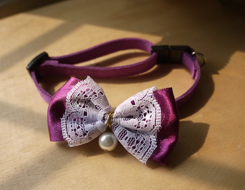 "Deep Purple" lace small pearl bowknot ribbon ︱ safe hand-made cat and dog pet collars/collars/hair accessories ♥Cherry Pudding♥ - Collars & Leashes - Cotton & Hemp Blue