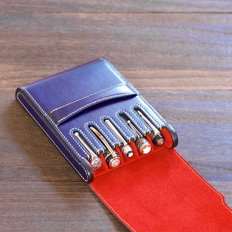 Fountain pen case for 5 pens - Pencil Cases - Genuine Leather Blue