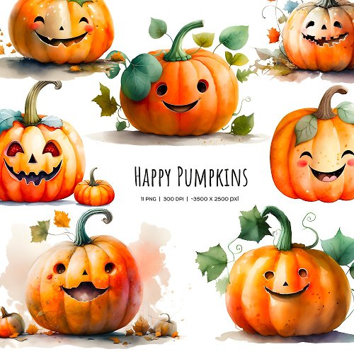 Art and Funny Watercolor Halloween pumpkin clipart. 11 PNG pumpkin with face. Smiling pumpkin