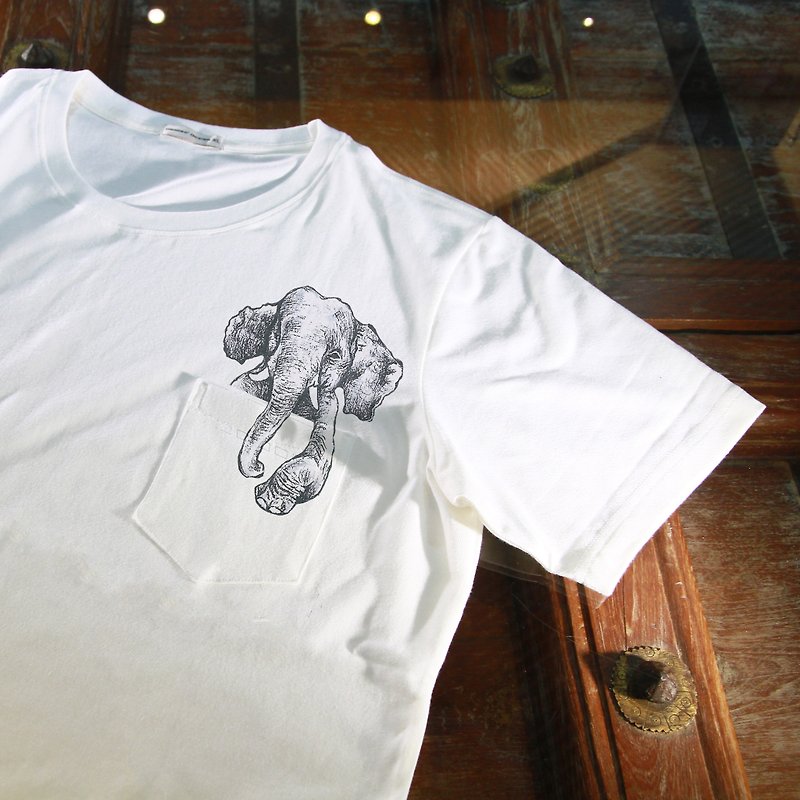 【口袋動物園】象 - 男 T 恤 - 棉．麻 白色