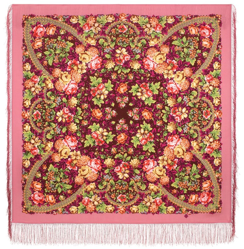 Pavlovo Posad Russian Shawl 100% Wool Scarf 125x125 cm Wrap Silk Fringe 2082-3 - 絲巾 - 羊毛 粉紅色