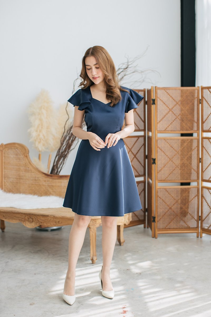 Vintage Style Dress Navy Party Dress Navy Summer Dress Ruffle Sleeve Dress Cute - One Piece Dresses - Polyester Blue