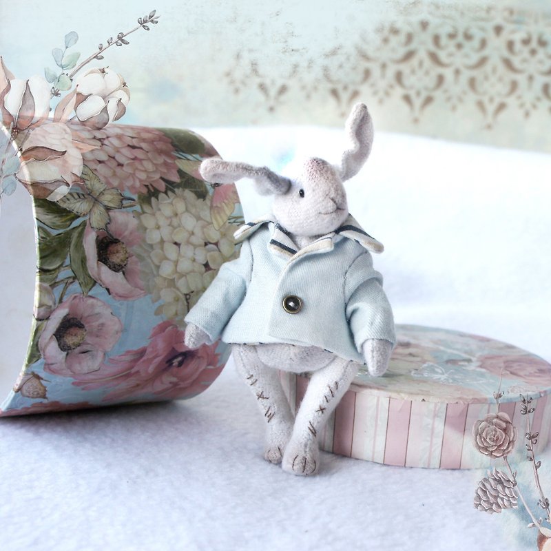Teddy Bunny in jacket, Collectible miniature, Adorable animal toy, Rabbit Doll - ตุ๊กตา - ผ้าฝ้าย/ผ้าลินิน ขาว