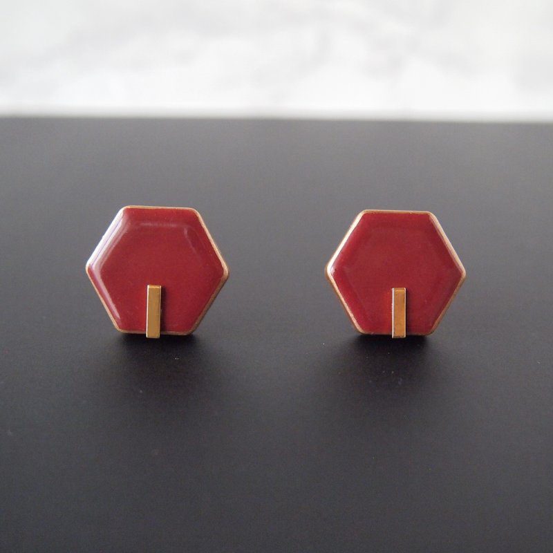 六角美濃焼波爾多線耳針/耳夾 - 耳環/耳夾/耳骨夾 - 瓷 紅色