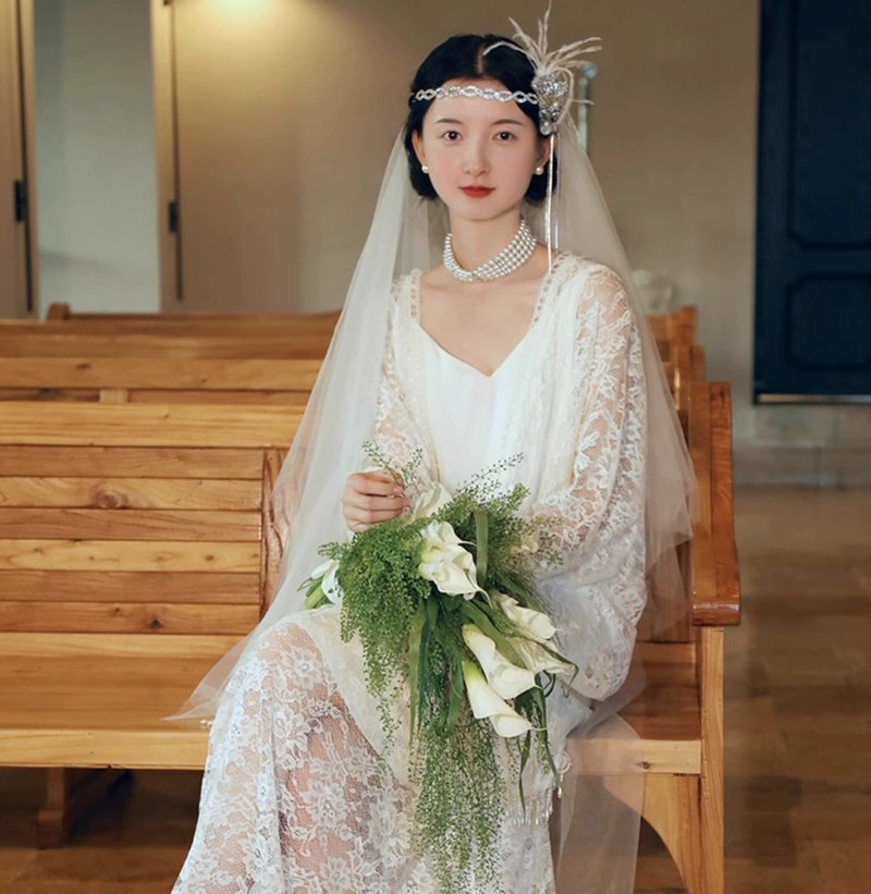 French retro bridal wedding dress Gatsby wedding dress - ชุดราตรี - วัสดุอื่นๆ ขาว