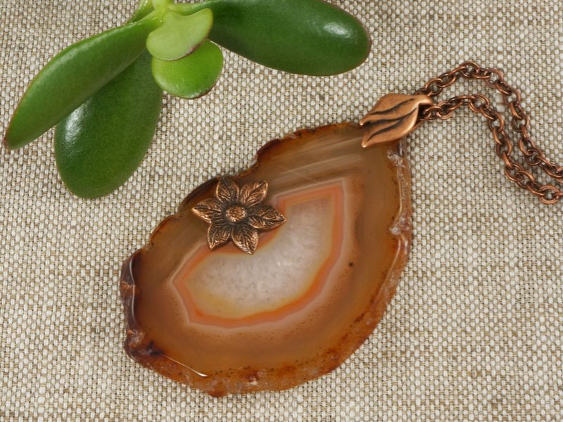 Orange Fire Red Agate Slice Slab Copper Flower Pendant Necklace Woman Jewelry - 項鍊 - 半寶石 橘色