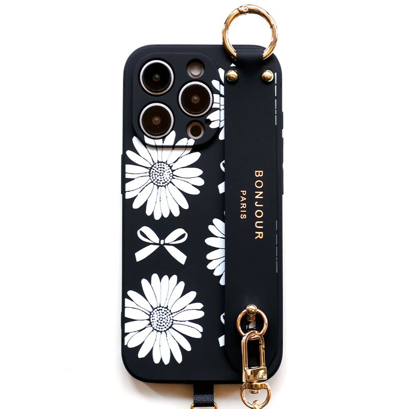 iPhone16/15/14/13/12 Paris Series-French Black and White Chrysanthemum Xiaoxiang Pearl Chain 3-in-1 Mobile Phone - เคส/ซองมือถือ - พลาสติก สีดำ