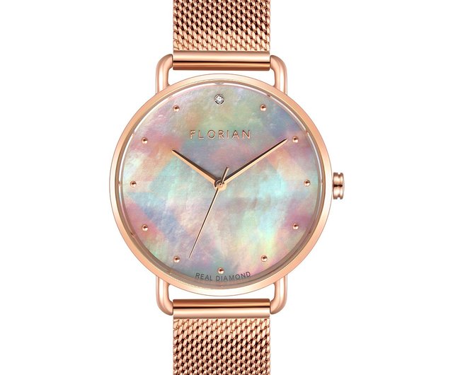 ダイヤモンドカラーのマザーオブパール文字盤、スチールメッシュ