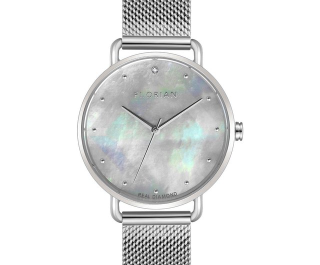 ダイヤモンドカラーのマザーオブパール文字盤、スチールメッシュ