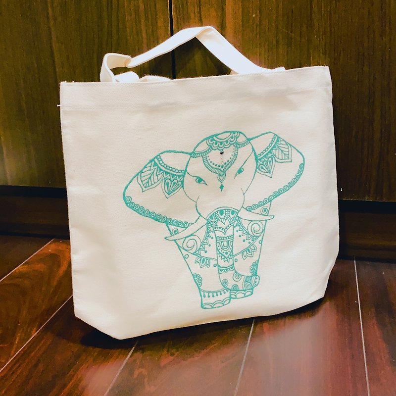 Hand-painted canvas bag_with bottom - กระเป๋าแมสเซนเจอร์ - ผ้าฝ้าย/ผ้าลินิน สีเขียว