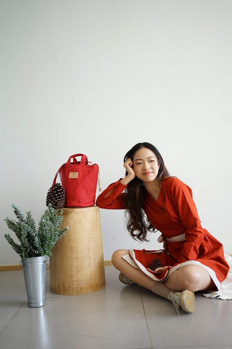 LOOKIN - cotton long sleeve wrap dress (red) - One Piece Dresses - Cotton & Hemp Red