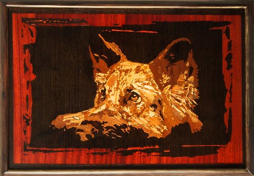 Woodins Shepherd dog portrait inlay framed mosaic wood panel ready to hang home wall