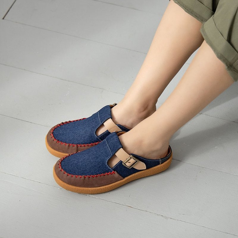 Retro turntable Wenqing slip-on shoes - denim - รองเท้าลำลองผู้หญิง - หนังแท้ สีน้ำเงิน