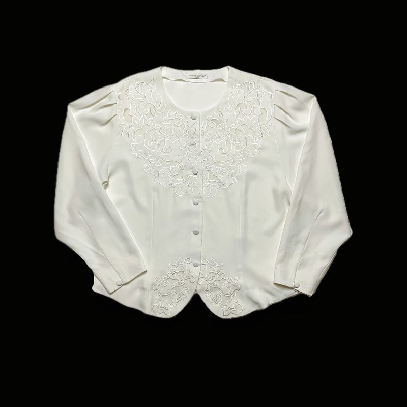 日本古著刺繡蕾絲鏤空長袖襯衫 - 女襯衫 - 聚酯纖維 白色