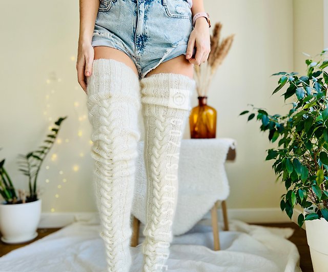 Knitted thigh high socks LONG 39 inch Warm angora wool stockings
