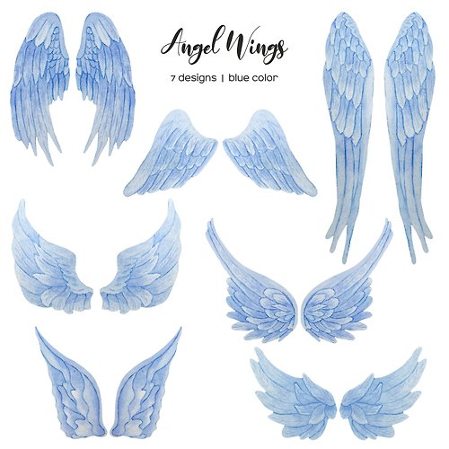 Art and Funny Watercolor White and Blue Angel Wings Clipart 7 PNG