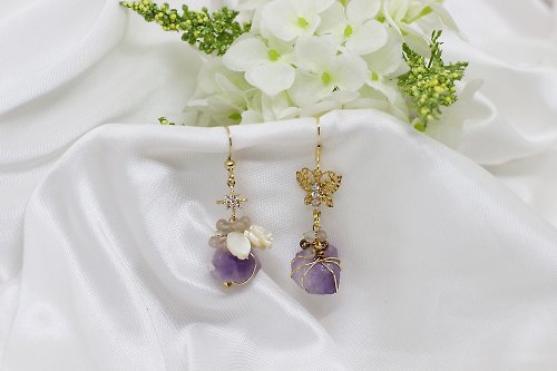 O/C accessory 【植物。天然石】紫水晶 貝殼雕花葉片蝴蝶 耳環