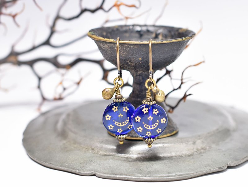 Saint's Beads and Small Ethnic Bells Earrings, Blue - ต่างหู - แก้ว สีน้ำเงิน