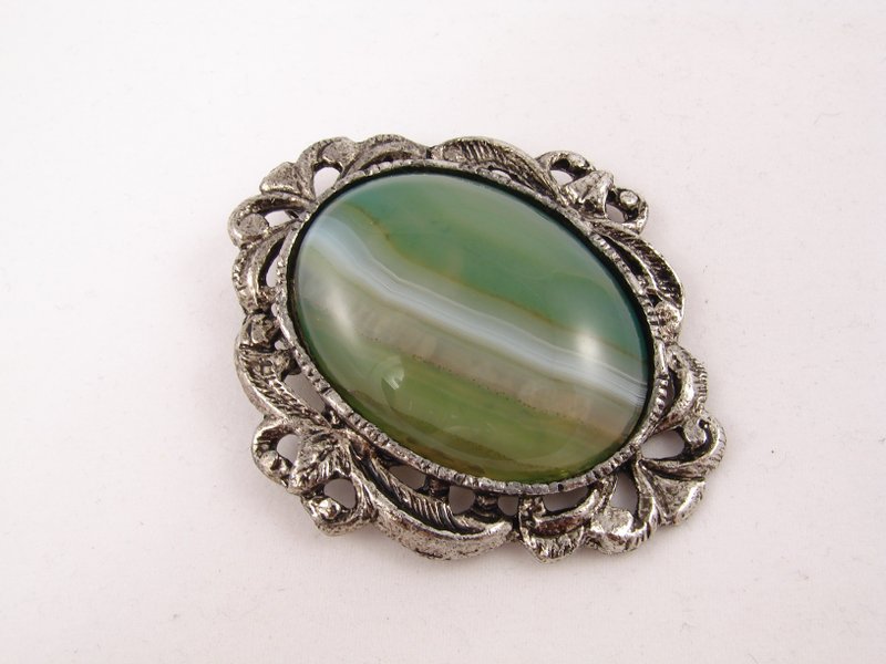 Green Agate Brooch Large Oval Vintage Silver Green Stone Jewelry Brooch Pin Gift - Brooches - Semi-Precious Stones Green