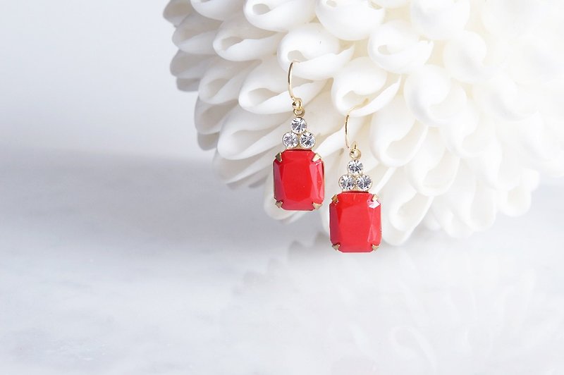 【14KGF】 Rock Candy / Red & Crystal - Earrings & Clip-ons - Glass Red