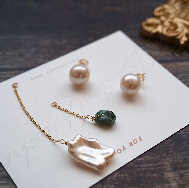 小眾設計感巴洛克淡水珍珠與祖母綠原石多種佩戴方式手工制耳環 - 耳環/耳夾 - 珍珠 