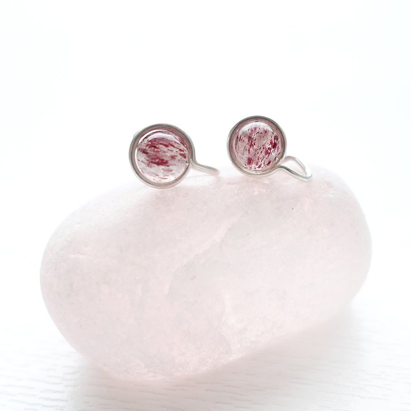 GENIES-Strawberry Quartz Silver Earrings Clip On Piercings Ear Cuffs - ต่างหู - วัสดุอื่นๆ สึชมพู