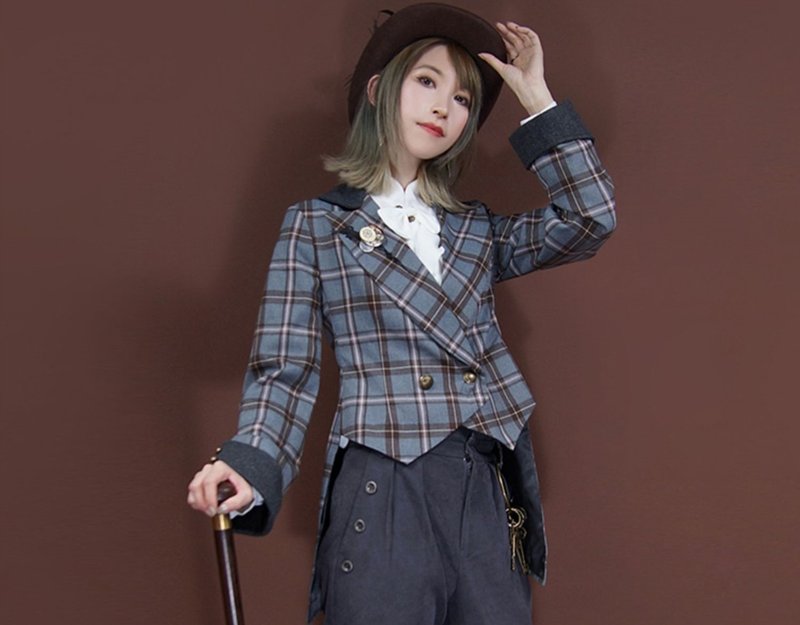 Steampunk Retro Light Weave Check Equestrian Top Jacket - เสื้อผู้หญิง - วัสดุอื่นๆ สีน้ำเงิน