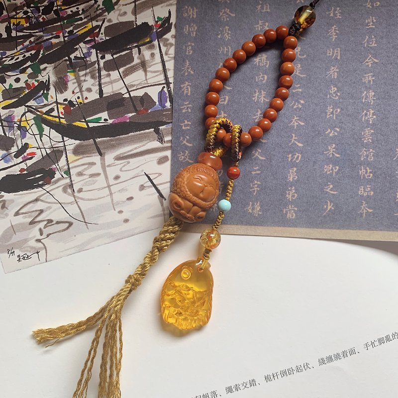 Handmade far away. Natural olive stone lion braided backpack chain gold penang red running circle core bead mobile phone rope - Lanyards & Straps - Other Materials Brown