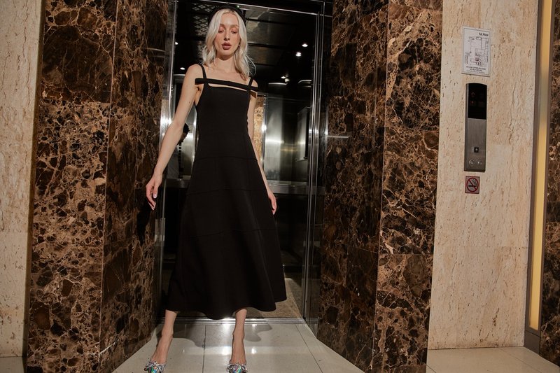 Maxi Dress with Topstitched-Ebony evening dress,evening dress, crystal, glitte - 洋裝/連身裙 - 聚酯纖維 黑色