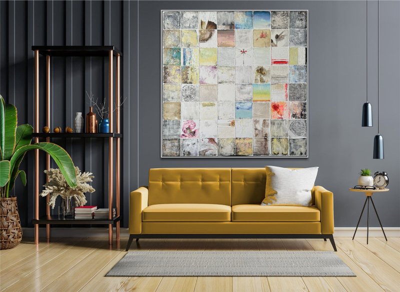 Abstract Mixed Media Art Original Paintings On Canvas Grid Patterns and Nature - 壁貼/牆壁裝飾 - 壓克力 多色