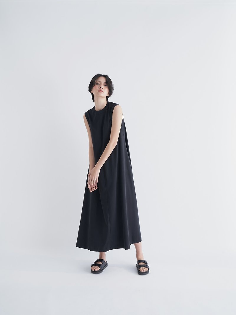 YIBO / fog black long dress - ชุดเดรส - ผ้าฝ้าย/ผ้าลินิน สีดำ