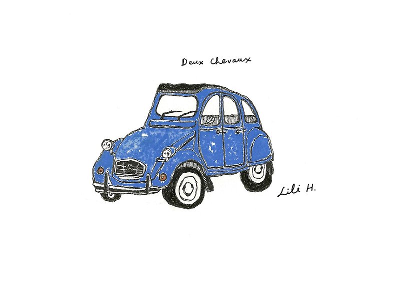 French classic car (hand-drawn illustration with A4 frame) - โปสเตอร์ - กระดาษ 