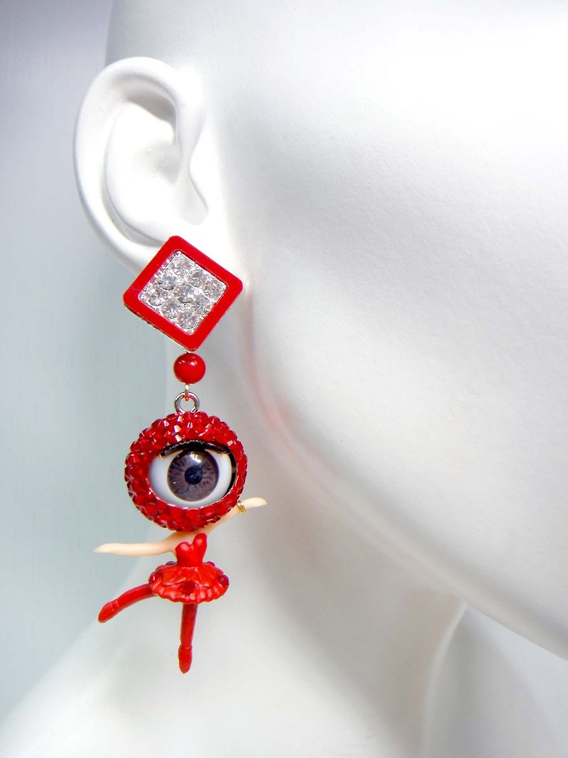 TIMBEE LO red crystal eyes girl earrings single release eye will open and close activities - Earrings & Clip-ons - Other Metals Red