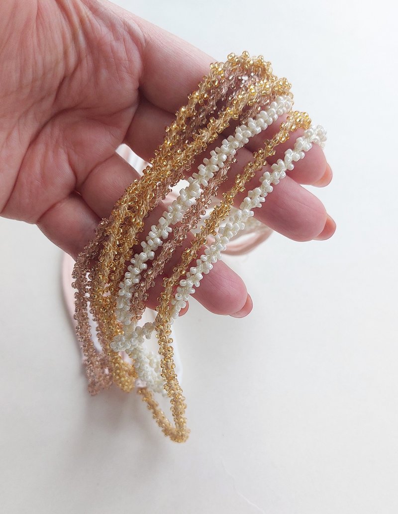Infant Girl's Delicate Headband with Mini Beads for Photos, Milk/Gold/Red Gold - ที่คาดผม - งานปัก ขาว