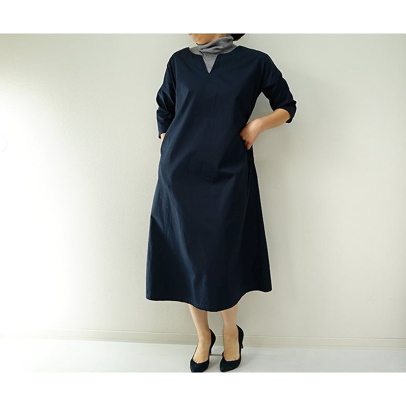 [Wafu] A drop shoulder dress / Navy a42-11 - One Piece Dresses - Cotton & Hemp Blue