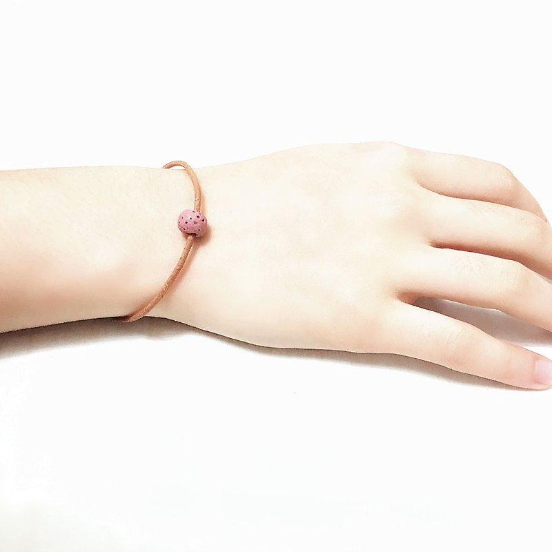 Pink Aroma Rock Diffuser Thin Brown Natural Leather Bracelet with Extend Chain - สร้อยข้อมือ - หนังแท้ สึชมพู