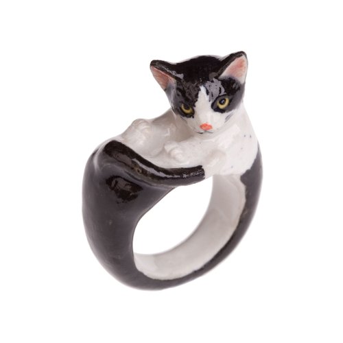 And Mary AndMary 手繪瓷戒指-黑白貓 禮盒裝 Black and White Cat Ring