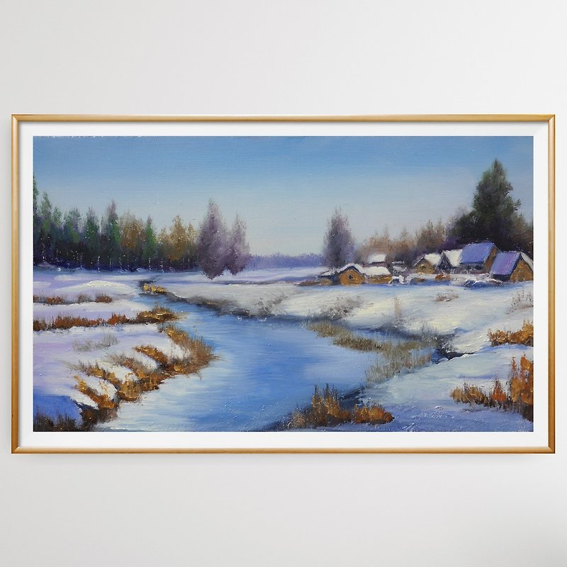 Winter River Oil Painting Original Art Snowy Landscape Winter Artwork Snowy Art - Illustration, Painting & Calligraphy - Waterproof Material 